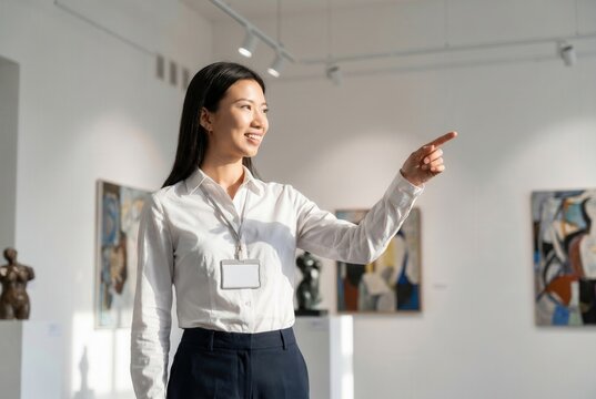Asian woman docent smiling while giving a museum tour and pointing