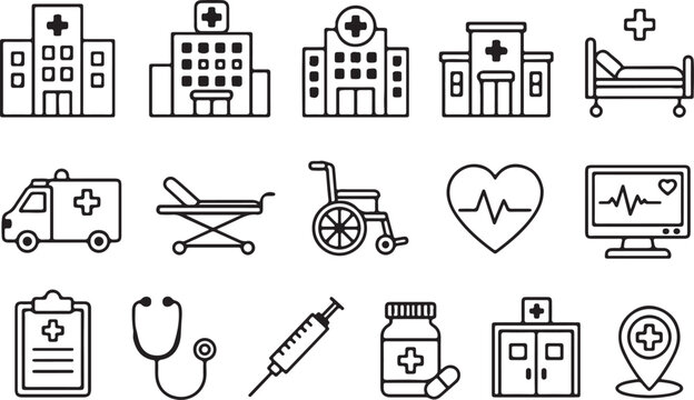 Collection of medical icons with hospitals stethoscopes syringes health symbols