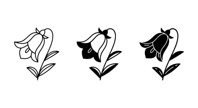 Bell Flower Vector Icons Set, Campanula Flower Line Art and Silhouette Graphics, Botanical Illustration Elements