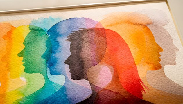 Siluetas de perfiles humanos superpuestos en acuarela de colores sobre papel como concepto de diversidad y comunicaci&oacute;n