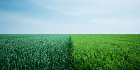Obraz premium Divided green wheat field under blue sky