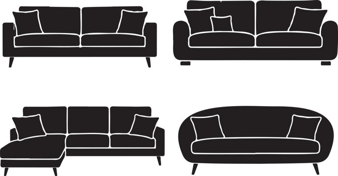 sofa furniture icon collection, black couch vector set, modern living room design symbol
