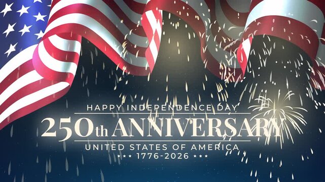 250th anniversary of USA. Festive golden fireworks. 250 years. Banner 4th of july usa independence day. Waving american flag on dark night sky. Fourth of july, national holiday. 3D animation, seamless
