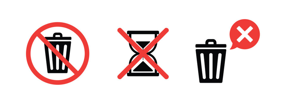 Anti-littering vector icon collection with no trash bin signs for cleanliness and environmental awareness design.