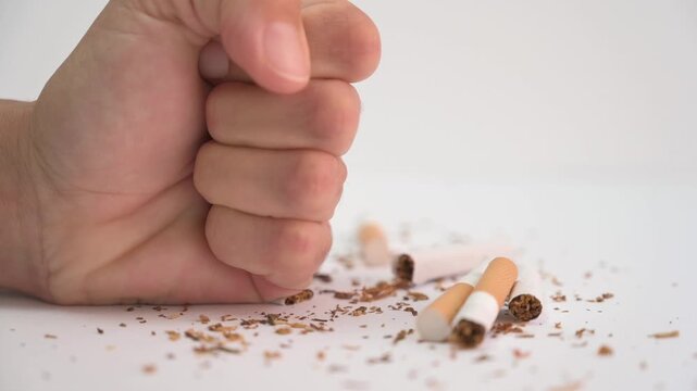 Fist angrily crushing a pile of cigarettes on a white background to quit smoking
