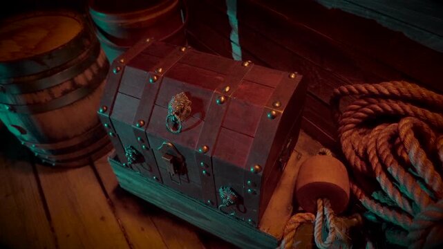 Treasure chest lit by firelight is opened.