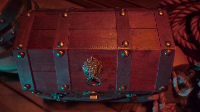 Treasure chest with lion ornament on lid.