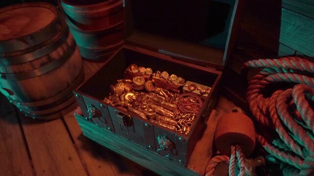 Golden treasures inside an antique chest,
