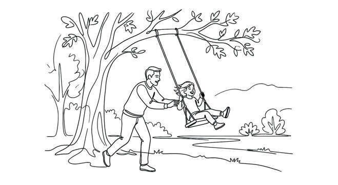 father and son on swing set black and white line drawing