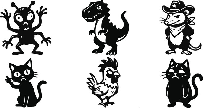 Vector collection of funny character silhouettes featuring an alien, angry dinosaur, cowboy opossum, expressive cats, and grumpy rooster
