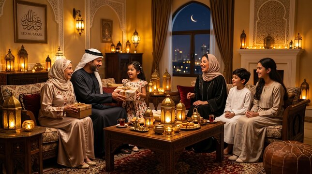 Multi-generational muslim family sitting in a decorated living room sharing a traditional meal and gifts during ramadan iftar at night with middle east celebration lanterns religion tradition