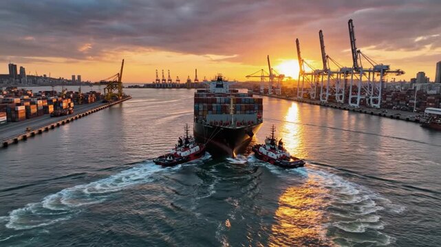 Tugboat assisting cargo ship port at sunset aerial photography urban landscape dynamic view maritime operations for seo impact