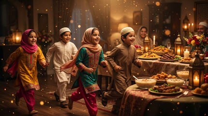 Fototapeta premium Happy muslim children in traditional clothing running playfully past a festive dinner table during eid mubarak celebration with children celebration happiness tradition gathering interior