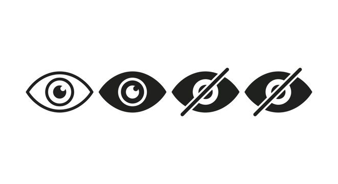Eye icon set representing visibility, privacy, and hidden content in outline and solid styles