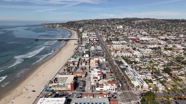 360 view of Pacific Beach neighborhood and coastline, residential streets and beach community stretching along the San Diego coast, California. La Jolla to Mission Bay area.
