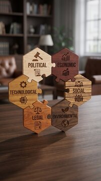 PESTLE analysis concept with wooden hexagonal puzzle pieces on a table in a modern office setting