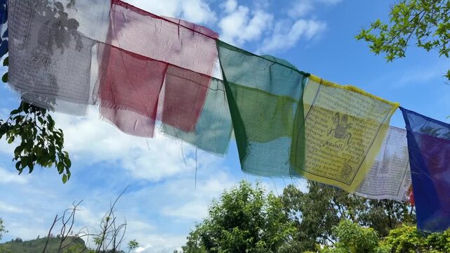 Buddhist Prayer Flags Hanging Outdoors in Pokhara Nepal Mountain Area