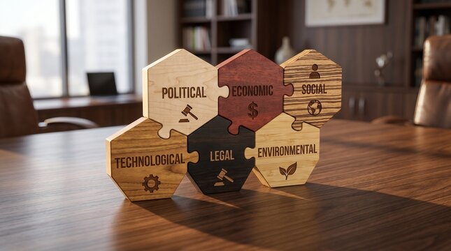 PESTLE analysis concept with wooden puzzle pieces on a desk in a corporate office