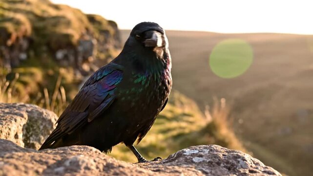 Majestic crow perched on a rock in golden hour light with vibrant plumage and iridescent feathers looking directly at the camera