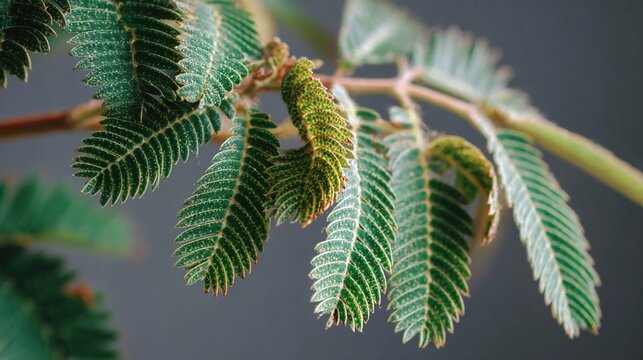 pudica. Mimosa pudica leaves curling after touch, natural reaction close-up. gardening catalogs, home-decor guides, designed for gardening and botanical catalogs, promotes healthy living.