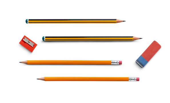 Two different traditional drawing pencils for going back to school, HB and 2h, two versions of each, one with shadow one without isolated against a transparent background.