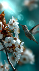 Fototapeta premium Hummingbird and Cherry Blossoms
