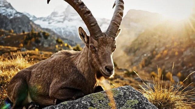 Majestic ibex resting on a rock with long curved horns in the scenic mountain landscape illuminated by the sun