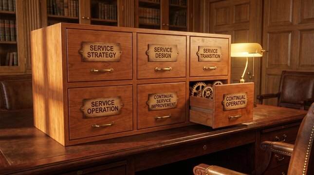 Highly organized ITIL framework concept represented by  highly organized wooden library card catalog on a desk in a traditional office setting