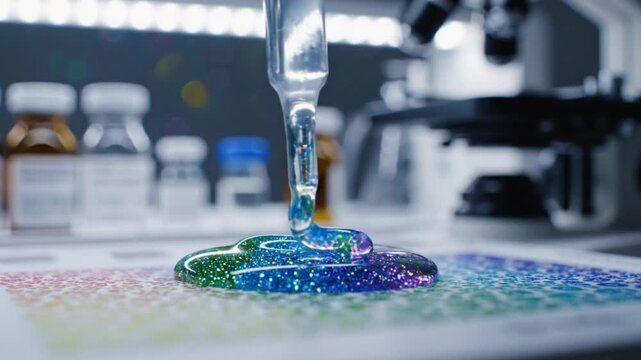 Colorful shimmering glitter drops dripping from a pipette onto a rainbow color chart in a laboratory setting
