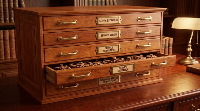 Highly organized ITIL framework concept represented by a classic wooden library card catalog on a desk