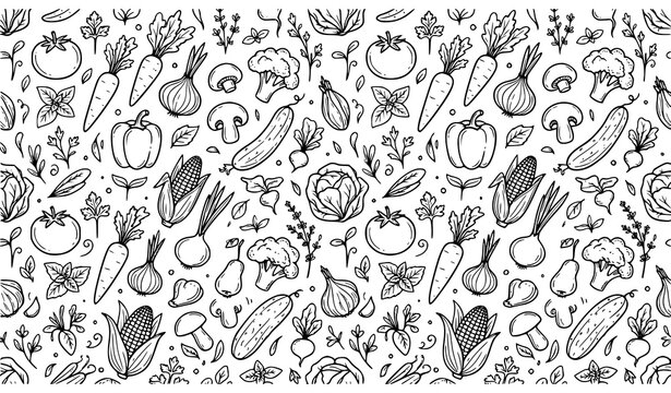Black and white seamless vegetable doodle pattern hand drawn food vector background