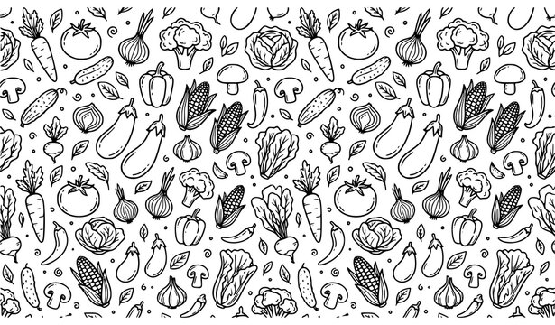 Seamless vegetable doodle pattern with hand drawn organic food illustrations vector