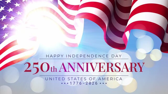 250th anniversary of the USA. 250 years of independence. Banner 4th of july usa independence day. Waving american flag, shining sun. Fourth of july, national holiday. 3D animation, seamless loop