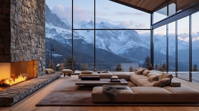 Modern luxury living room interior featuring a glowing stone fireplace and expansive floor to ceiling glass windows overlooking majestic snow capped mountains during a calm evening