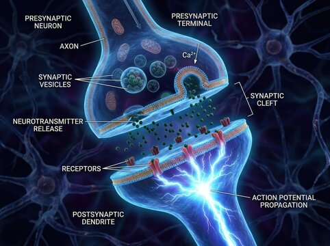 Detailed illustration of a synapse, the junction between two neurons.
