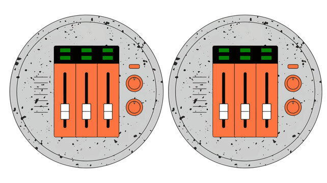 DJ Mixer Dual Control: Two identical DJ mixer control panels, featuring faders, knobs, and LED displays, are presented side-by-side, suggesting duplication or synchronization in audio mixing.