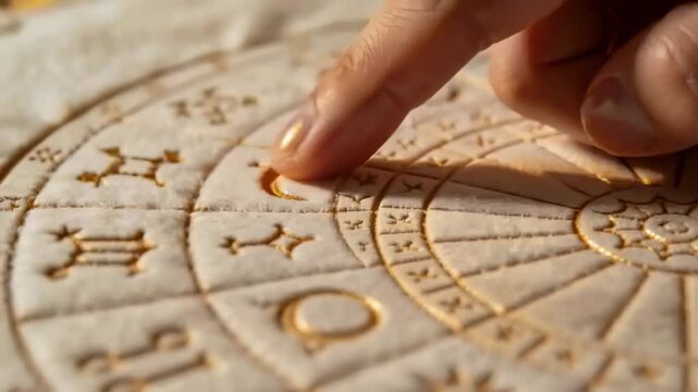 Starting on inner glyph, tracing index finger across gold-thread chart on table, finding twin glyph