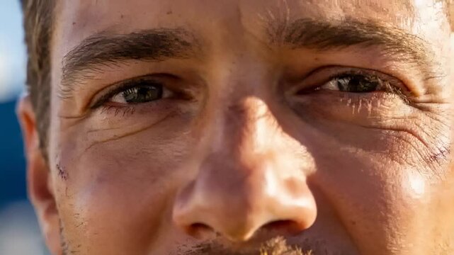 Squinting close-up adult male face shifting gaze in bright outdoor sunlight, showing cheek abrasion