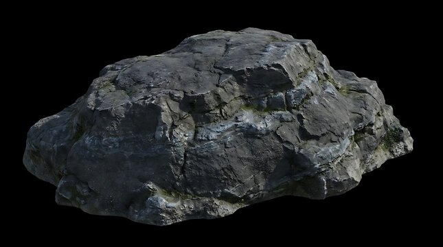 Dark textured rock with moss on black background