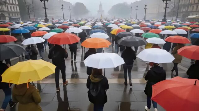 Moving pedestrian crowd advancing down plaza, rain driving steps, holding umbrellas, wearing coats