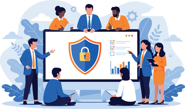 Illustration of Business team discussing cybersecurity and data protection with shield logo on screen.