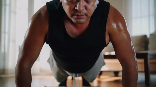 Starting man doing push-ups, lowering chest and pushing up on dark mat for strength, black tank
