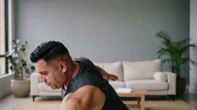 Starting routine male wearing tank top rotating arms, twisting torso in front of sofa for fitness