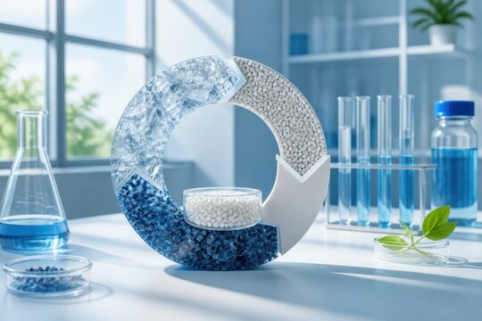 Circular laboratory concept with blue chemical materials and glassware in a bright science research environment