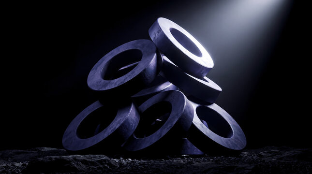 Circular metal rings are stacked in a dark environment under a single dramatic spotlight.