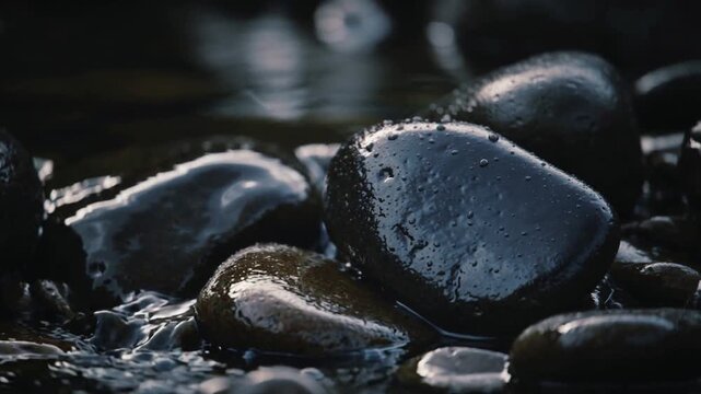 Flowing rivulet from wave action pushing wet black pebbles on stream edge, forming bubbles and foam