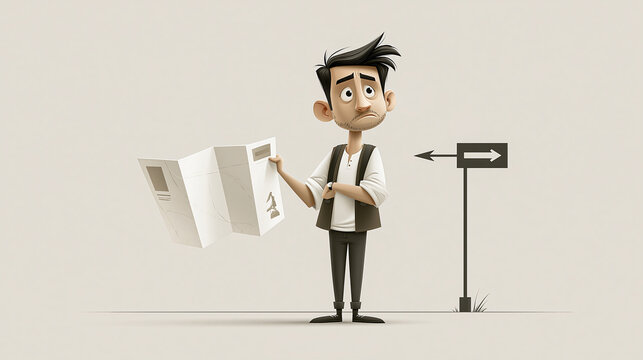 Lost Traveler A cartoon man, looking puzzled, holds an unfolded map as he stands next to a directional sign pointing to the right. His expression suggests confusion and indecision about his path.