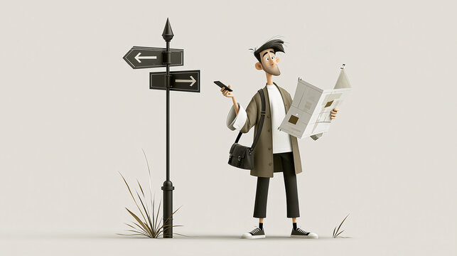 A Man at a Crossroads A stylized animated man stands at a directional signpost, holding a map and a phone, contemplating his next move in an uncertain journey.