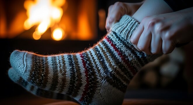 hands pulling on a pair of colorful, striped wool socks next to a warm, glowing fireplace, evoking comfort and winter coziness.