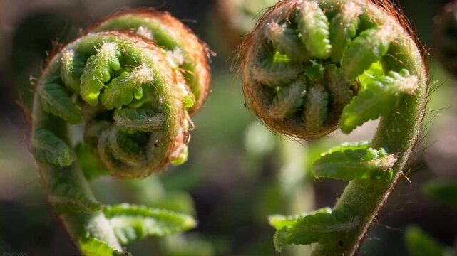 Unfurling two fern fiddleheads opening in sunlight in garden to form fronds and hairy green pinnae